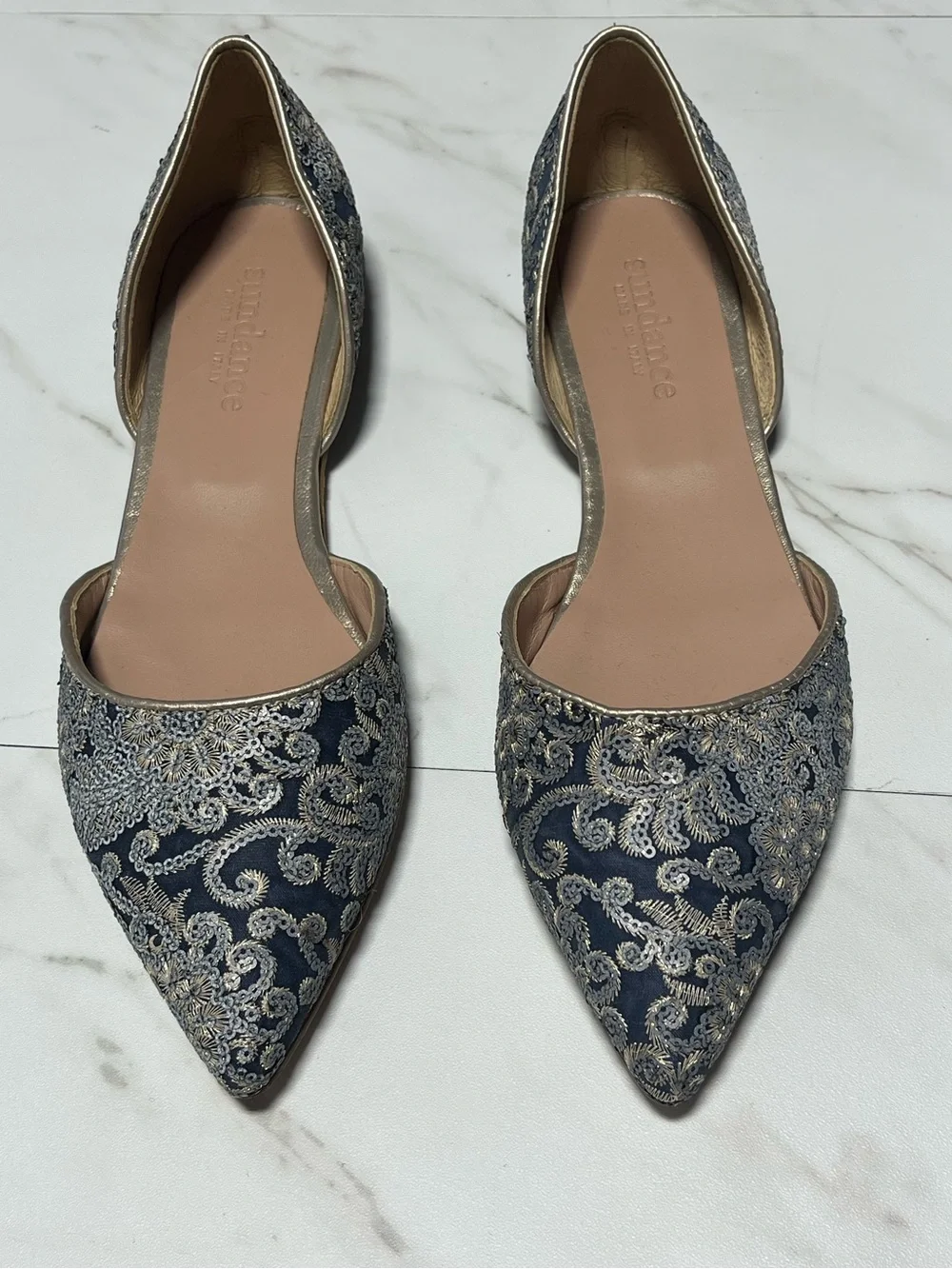 Sundance D'Orsay Flats Blue Sequin Embroidered Lace Pointed Toe Italian Made 41